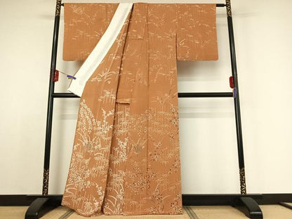 平和屋着物▽訪問着 単衣 笹竹梅文 鬼しぼ縮緬 正絹 逸品 AABE1595jh