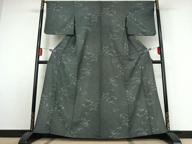 平和屋着物▽小紋 単衣 吹き寄せ文 鮫小紋柄 黒地 洗える着物 AABE1596jh