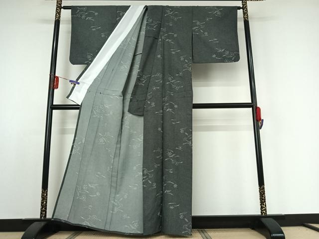 平和屋着物▽小紋 単衣 吹き寄せ文 鮫小紋柄 黒地 洗える着物 AABE1596jh