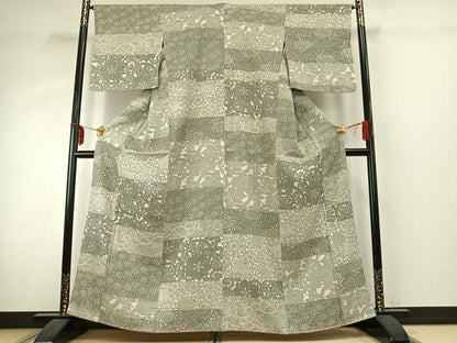 平和屋着物●上質な紬　型染め　横段花文　正絹　逸品　AABE1601fy