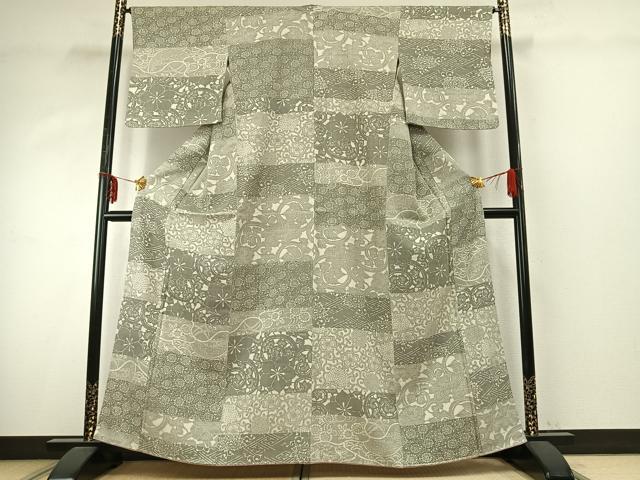 平和屋着物●上質な紬　型染め　横段花文　正絹　逸品　AABE1601fy