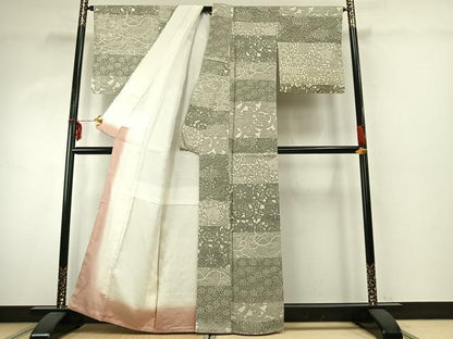 平和屋着物●上質な紬　型染め　横段花文　正絹　逸品　AABE1601fy