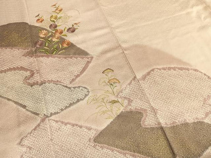 平和屋着物●訪問着 絞り 刺繍 草花文 金糸 金彩 正絹 逸品 AABE1608fy