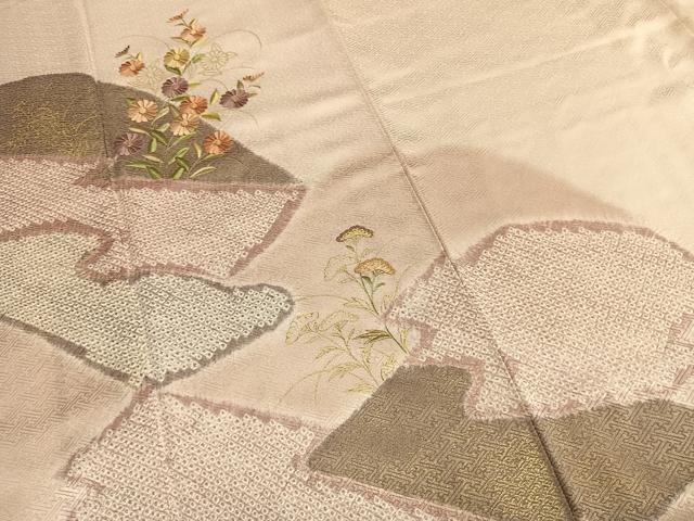 平和屋着物●訪問着 絞り 刺繍 草花文 金糸 金彩 正絹 逸品 AABE1608fy