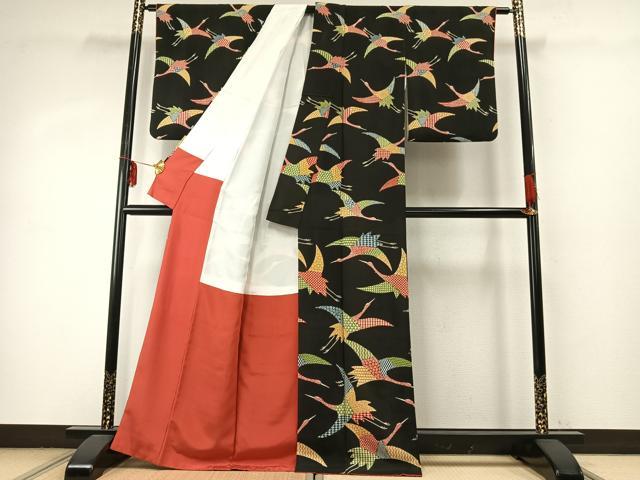 平和屋着物●訪問着　型染め　飛鳥文　黒地　正絹　逸品　AABE1644fy