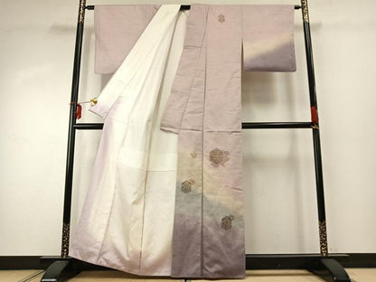 平和屋着物●訪問着　紬地　総刺繍　亀甲花文　暈し染め　正絹　逸品　AABE1708fy