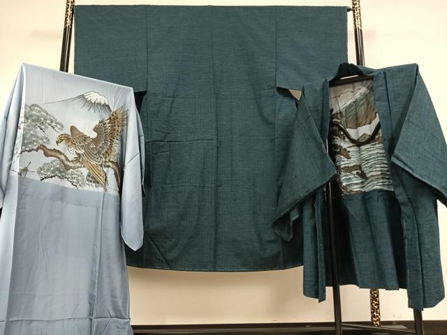 平和屋着物●男性　紬　アンサンブル　長襦袢(無双仕立て)セット　霞文　正絹　逸品　未使用　AABE1728fy 平和屋着物○男性 紬 アンサンブル 長襦袢(無双仕立て)セット 霞文