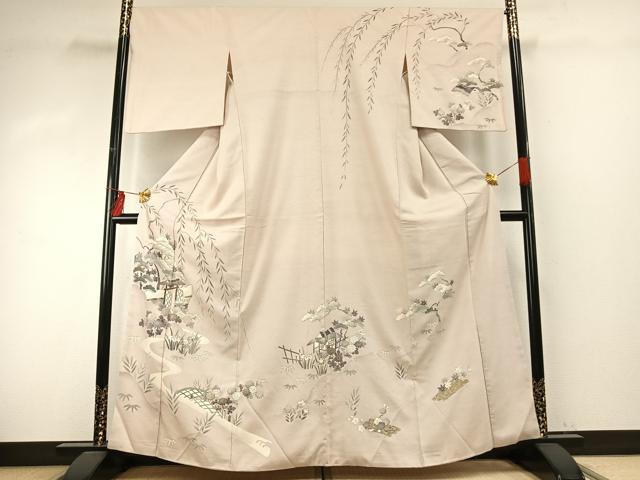 平和屋着物●訪問着 紬地 風景花文 金彩 正絹 逸品 AABE1751fy
