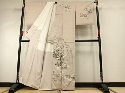 平和屋着物●訪問着 紬地 風景花文 金彩 正絹 逸品 AABE1751fy