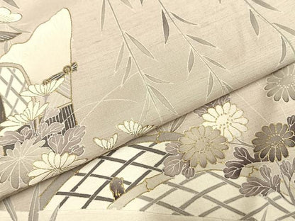 平和屋着物●訪問着 紬地 風景花文 金彩 正絹 逸品 AABE1751fy