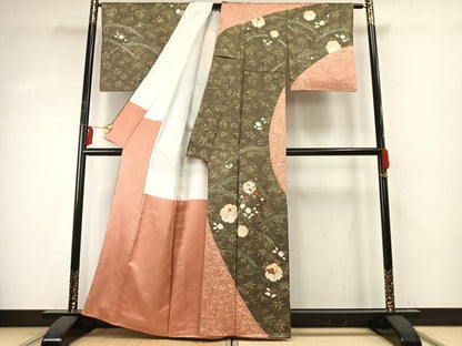 平和屋着物●訪問着 絞り 刺繍 雪輪花文 金糸 金彩 正絹 逸品 AABE1754fy