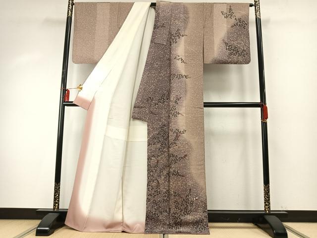 平和屋着物●訪問着　紬地　刺繍　花蝶文　暈し染め　金糸　正絹　逸品　AABE1761fy