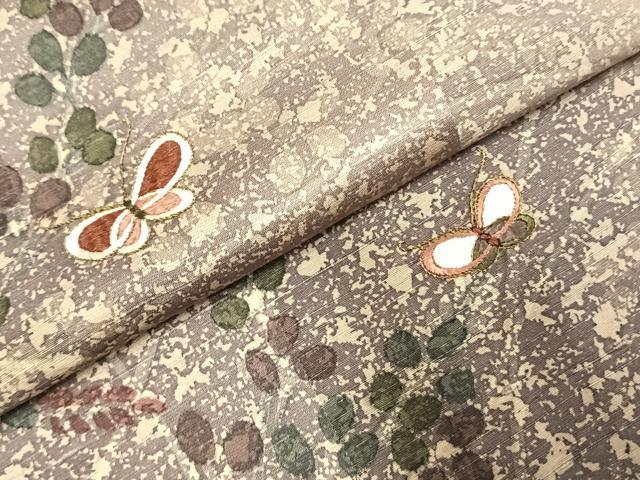 平和屋着物●訪問着　紬地　刺繍　花蝶文　暈し染め　金糸　正絹　逸品　AABE1761fy