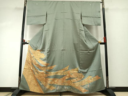 平和屋着物●豪華色留袖　駒刺繍　扇面熨斗花文　松　金彩　正絹　逸品　AABE1817fy