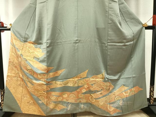 平和屋着物●豪華色留袖　駒刺繍　扇面熨斗花文　松　金彩　正絹　逸品　AABE1817fy