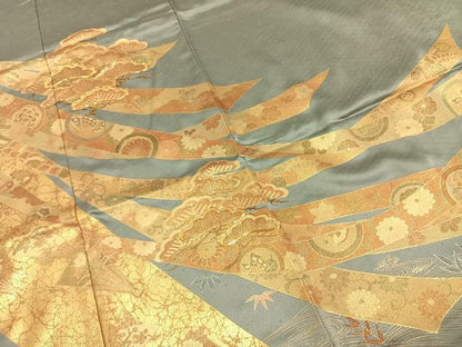 平和屋着物●豪華色留袖　駒刺繍　扇面熨斗花文　松　金彩　正絹　逸品　AABE1817fy