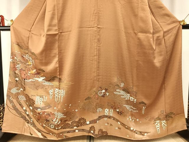 平和屋着物●豪華色留袖　御所車花鳥文　金彩　正絹　逸品　AABE1819fy 平和屋着物○豪華色留袖 御所車花鳥文 金彩 正絹 逸品 AABE1819fy