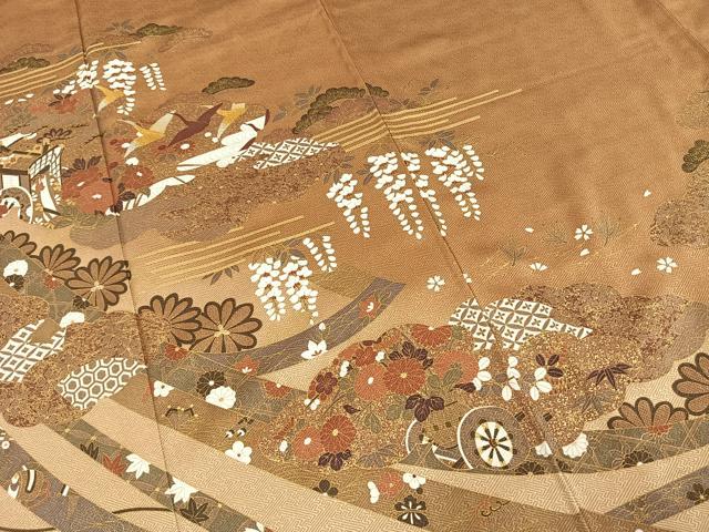 平和屋着物●豪華色留袖　御所車花鳥文　金彩　正絹　逸品　AABE1819fy 平和屋着物○豪華色留袖 御所車花鳥文 金彩 正絹 逸品 AABE1819fy