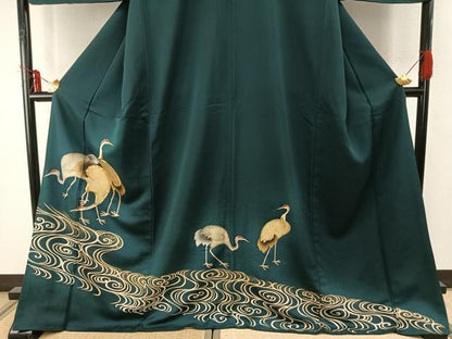 平和屋着物●訪問着　駒刺繍　鶴　金彩　ロング丈　正絹　逸品　AABE1822fy