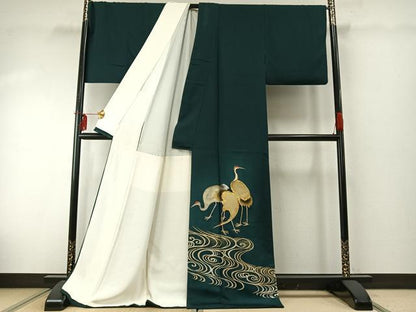 平和屋着物●訪問着　駒刺繍　鶴　金彩　ロング丈　正絹　逸品　AABE1822fy