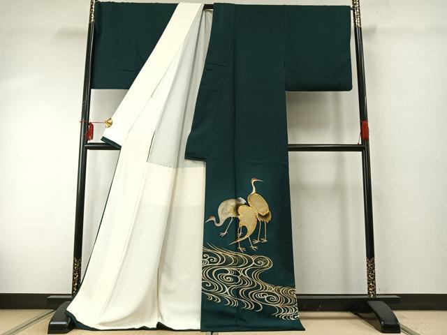 平和屋着物●訪問着　駒刺繍　鶴　金彩　ロング丈　正絹　逸品　AABE1822fy