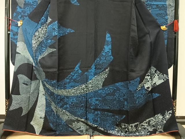 平和屋着物●豪華振袖　型染め　束ね熨斗花文　黒地　正絹　逸品　AABE1890fy