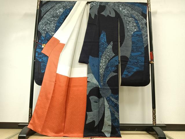 平和屋着物●豪華振袖　型染め　束ね熨斗花文　黒地　正絹　逸品　AABE1890fy