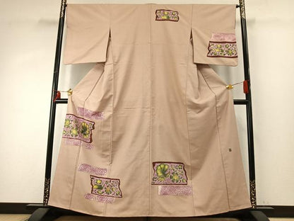 平和屋着物●訪問着　紬地　作家物　花鳥文　正絹　逸品　AABE1919fy