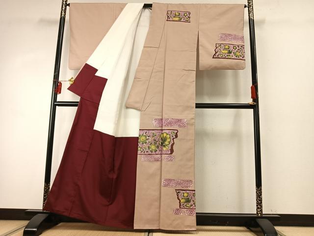 平和屋着物●訪問着　紬地　作家物　花鳥文　正絹　逸品　AABE1919fy