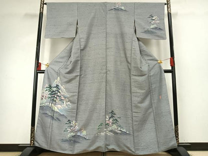 平和屋着物●訪問着　友禅　作家物　紬地　風景文　暈し染め　正絹　逸品　AABE1934fy