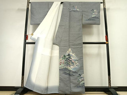 平和屋着物●訪問着　友禅　作家物　紬地　風景文　暈し染め　正絹　逸品　AABE1934fy