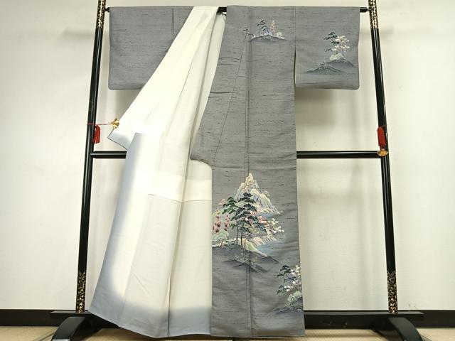 平和屋着物●訪問着　友禅　作家物　紬地　風景文　暈し染め　正絹　逸品　AABE1934fy