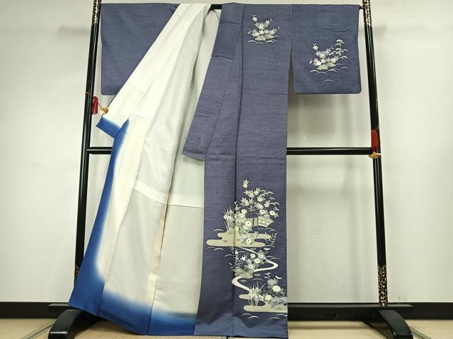 平和屋着物●訪問着　紬地　友禅　風景花文　正絹　逸品　AABE1948fy
