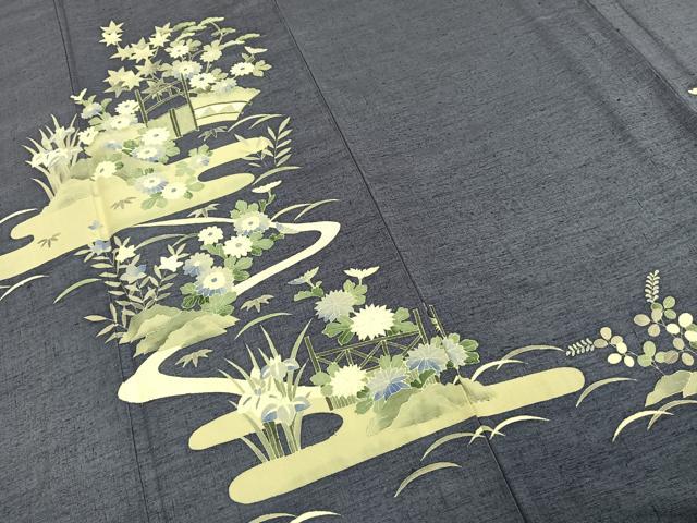 平和屋着物●訪問着　紬地　友禅　風景花文　正絹　逸品　AABE1948fy
