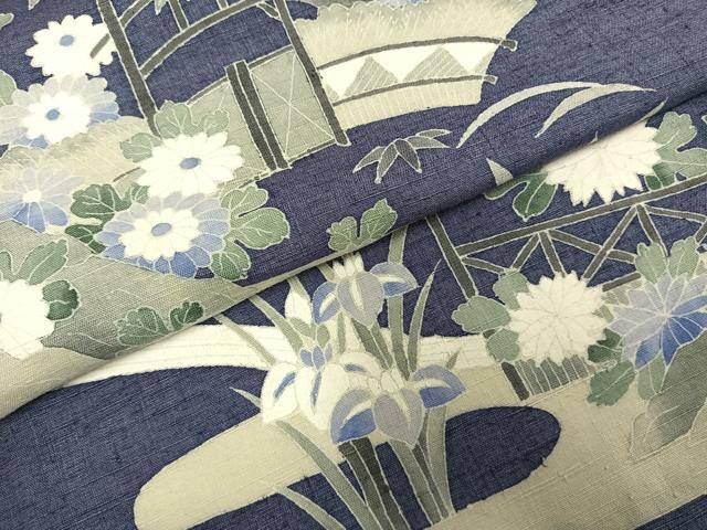 平和屋着物●訪問着　紬地　友禅　風景花文　正絹　逸品　AABE1948fy