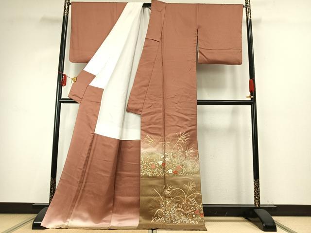 平和屋着物●豪華色留袖　駒刺繍　草花文　暈し染め　金彩　ロング丈　正絹　逸品　AABE1949fy