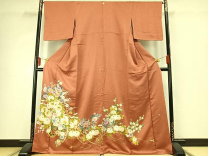 平和屋着物●豪華色留袖　友禅　作家物　刺繍　草花文　金糸　金彩　正絹　逸品　AABE1953fy