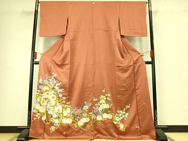 平和屋着物●豪華色留袖　友禅　作家物　刺繍　草花文　金糸　金彩　正絹　逸品　AABE1953fy