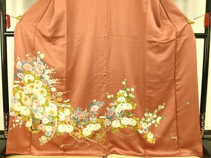 平和屋着物●豪華色留袖　友禅　作家物　刺繍　草花文　金糸　金彩　正絹　逸品　AABE1953fy