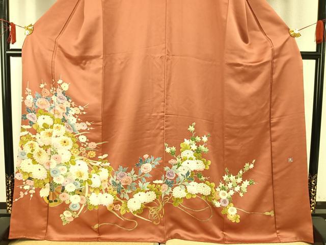平和屋着物●豪華色留袖　友禅　作家物　刺繍　草花文　金糸　金彩　正絹　逸品　AABE1953fy