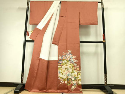 平和屋着物●豪華色留袖　友禅　作家物　刺繍　草花文　金糸　金彩　正絹　逸品　AABE1953fy