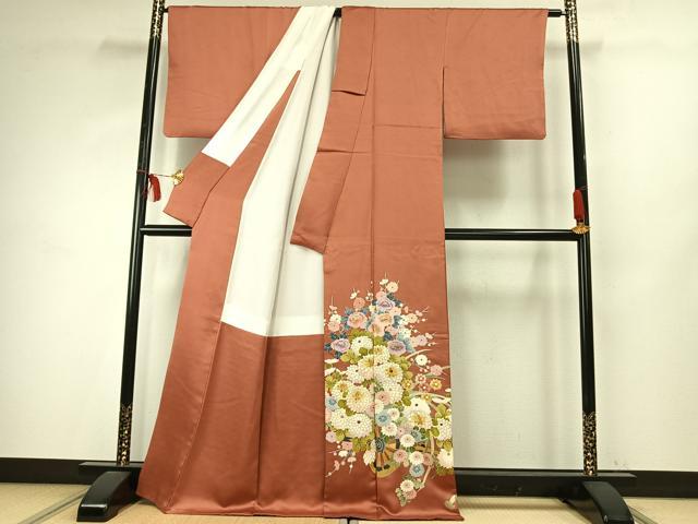 平和屋着物●豪華色留袖　友禅　作家物　刺繍　草花文　金糸　金彩　正絹　逸品　AABE1953fy