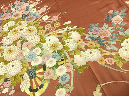 平和屋着物●豪華色留袖　友禅　作家物　刺繍　草花文　金糸　金彩　正絹　逸品　AABE1953fy