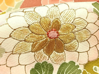 平和屋着物●豪華色留袖　友禅　作家物　刺繍　草花文　金糸　金彩　正絹　逸品　AABE1953fy