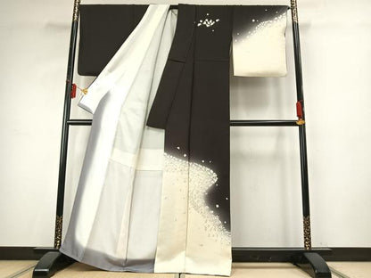 平和屋本店●訪問着　総刺繍　草花文　暈し染め　黒地　金糸　正絹　逸品　AABE1964fy