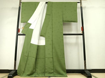 平和屋着物●上質な色無地　雪花地紋　苗色　正絹　逸品　未使用　AABE1994fy