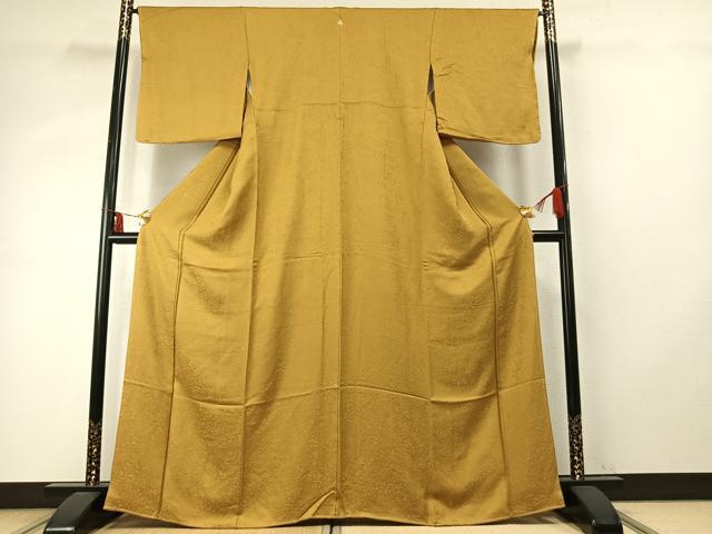 平和屋着物●上質な色無地 草花地紋 山吹茶色 正絹 逸品 AABE1996fy