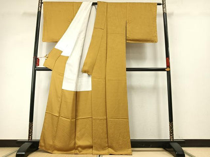 平和屋着物●上質な色無地 草花地紋 山吹茶色 正絹 逸品 AABE1996fy