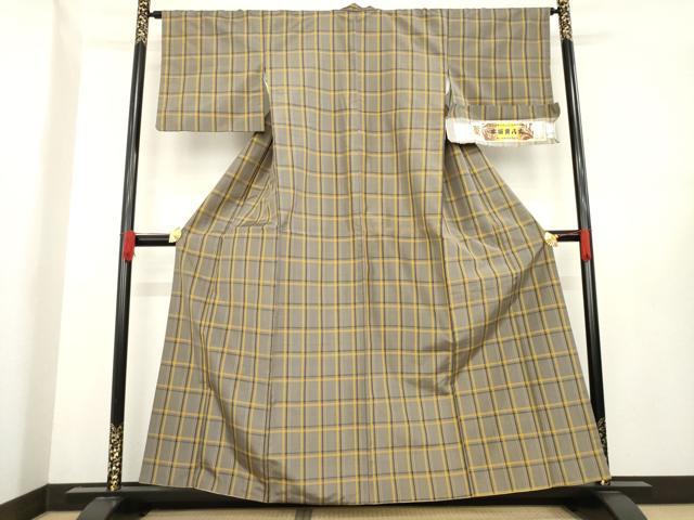 平和屋着物●本場黄八丈　平織　紬　格子　三越扱い　証紙付き　正絹　逸品　AABE2032ck 平和屋着物○本場黄八丈 平織 紬 格子 三越扱い 証紙付き 正絹 逸品