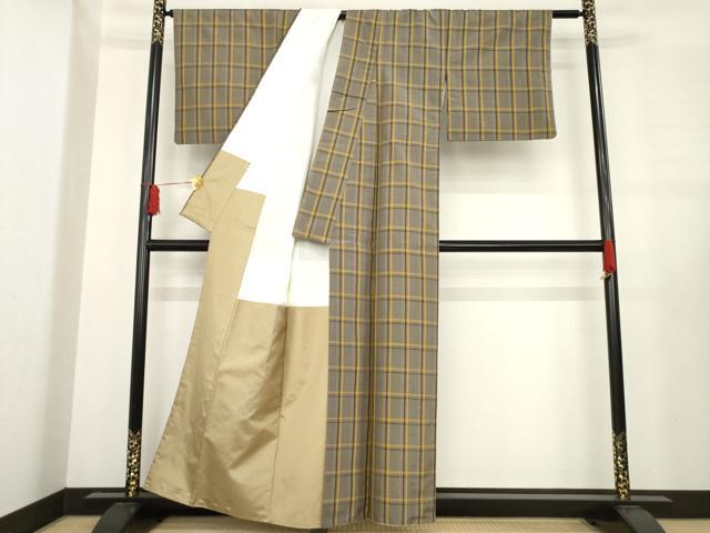 平和屋着物●本場黄八丈　平織　紬　格子　三越扱い　証紙付き　正絹　逸品　AABE2032ck